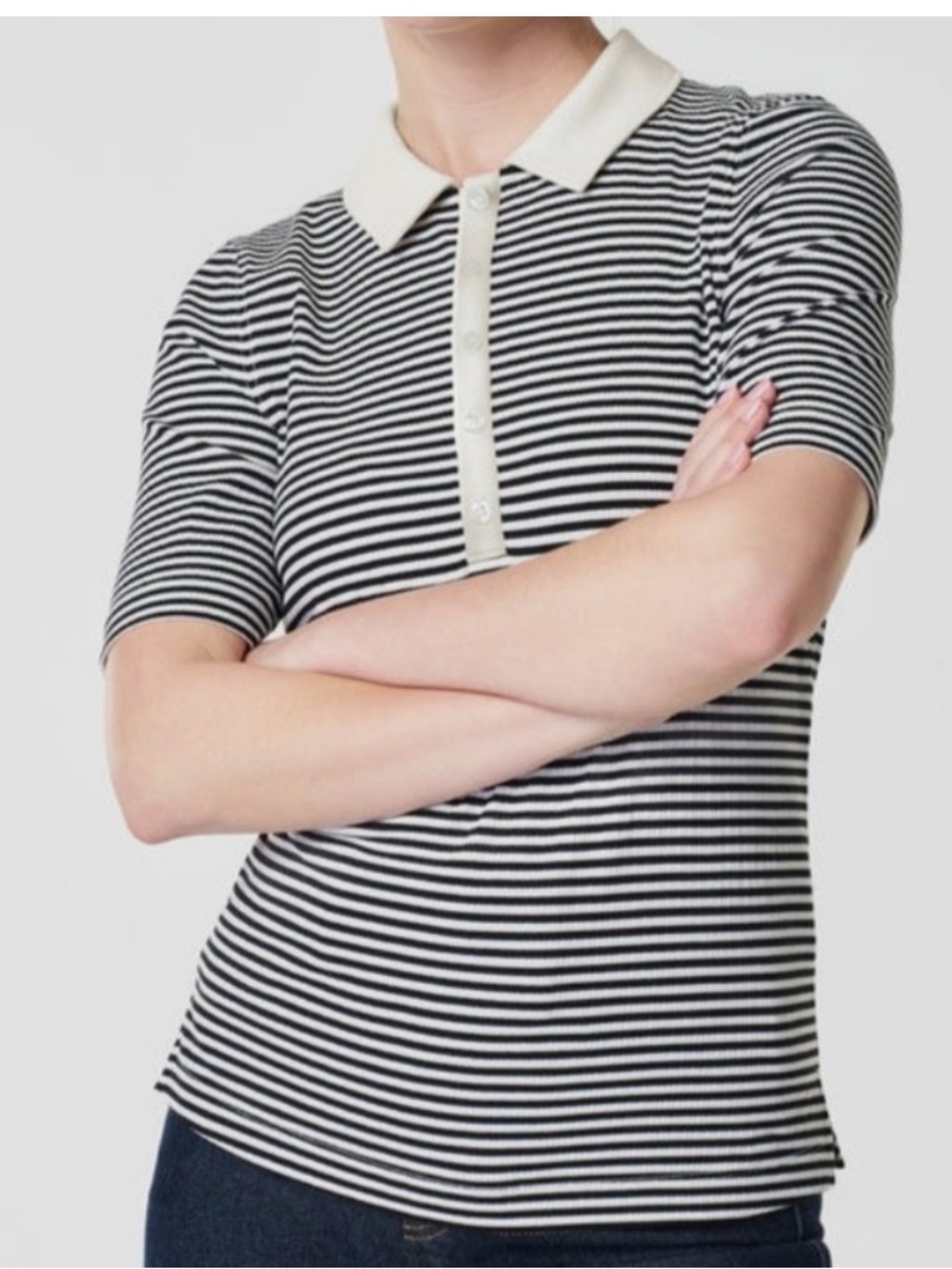 SPANX Striped Short-Sleeve Polo Top in Black and White